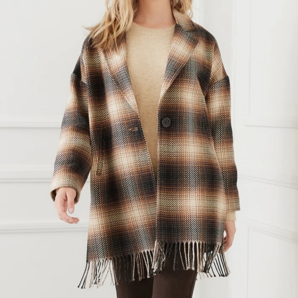 Karen Kane Plaid Fringe Jacket